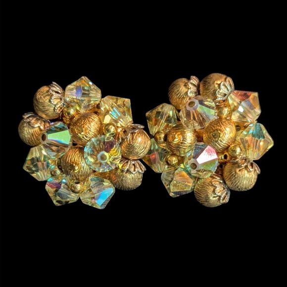 Vintage Clip-On Earrings Aurora Borealis Crystal Beads Cluster Retro Estate - Picture 1 of 7